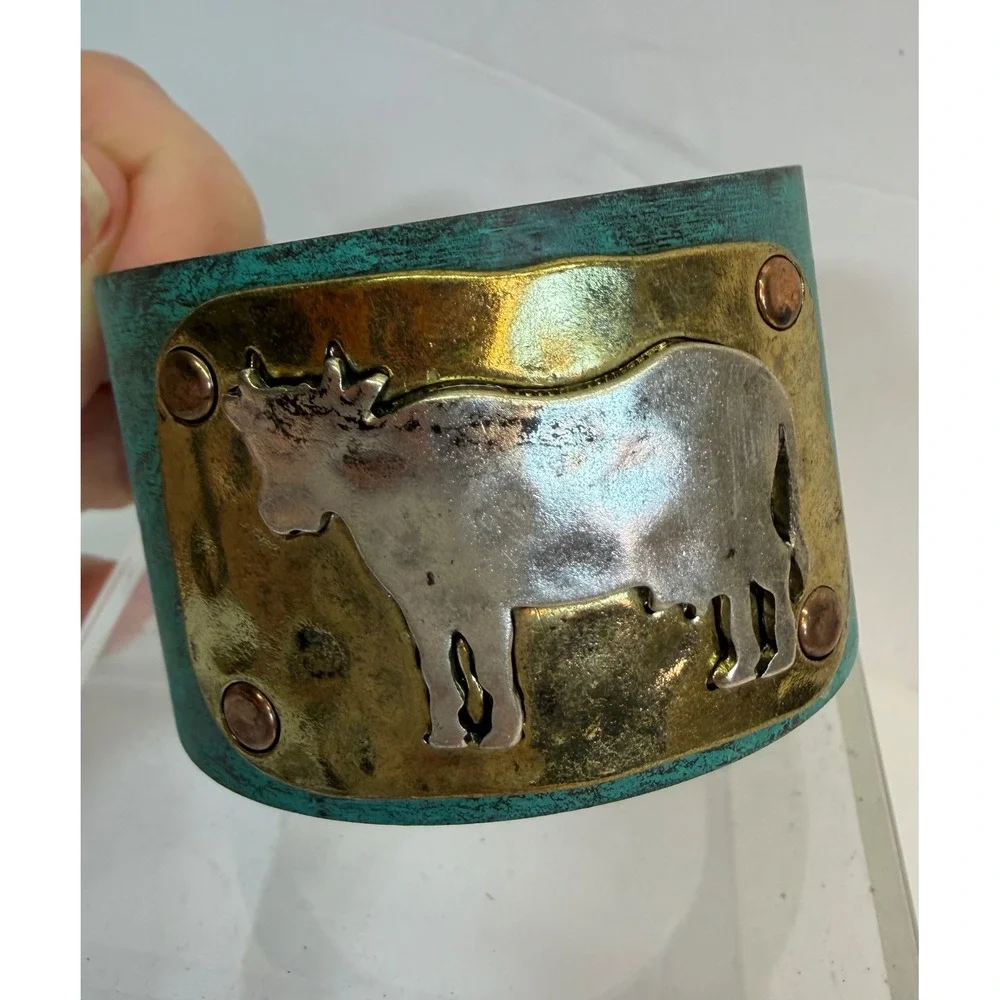 Icon Collection Verdigris Mixed Metal Cow Cuff Bracelet Teal Brass Silver Tone